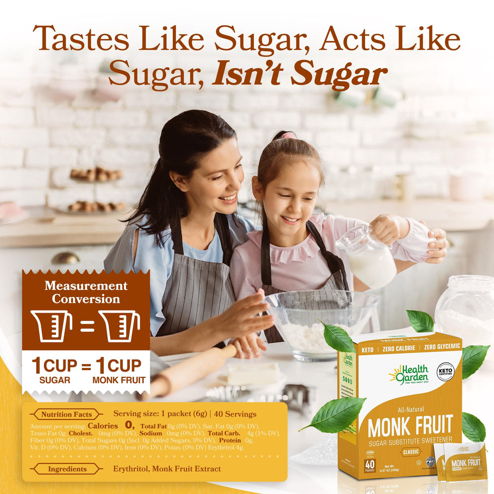 Health Garden monk fruit sweetener packets beside a coffee cup