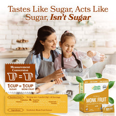 Health Garden monk fruit sweetener packets beside a coffee cup