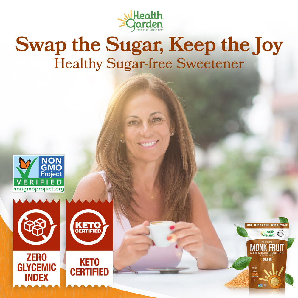 Health Garden Monk Fruit Sweetener resealable pouch, keeps sweetness fresh