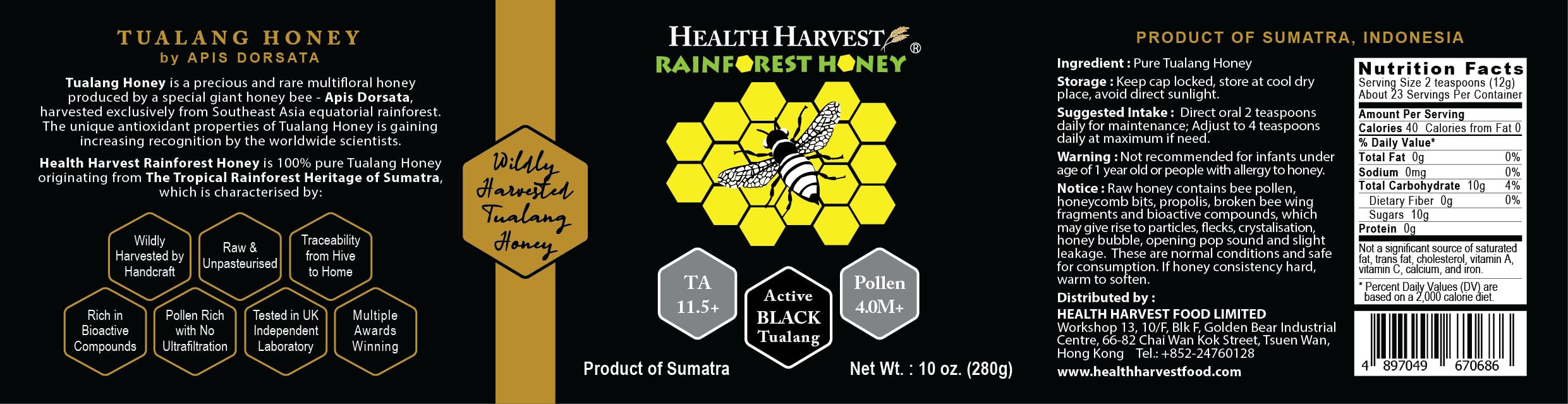 Health Harvest Tualang Honey awards and pristine packaging on display.