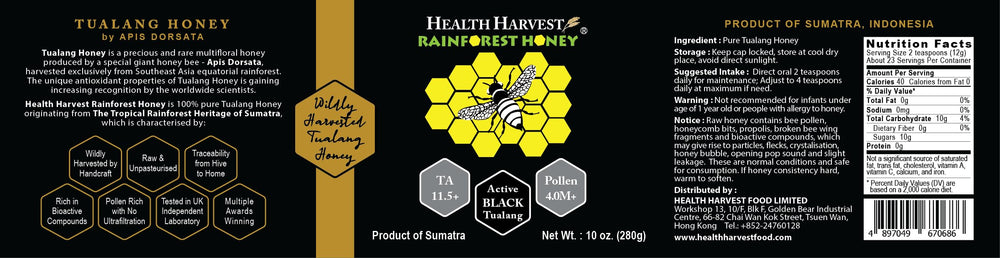 Health Harvest Tualang Honey awards and pristine packaging on display.