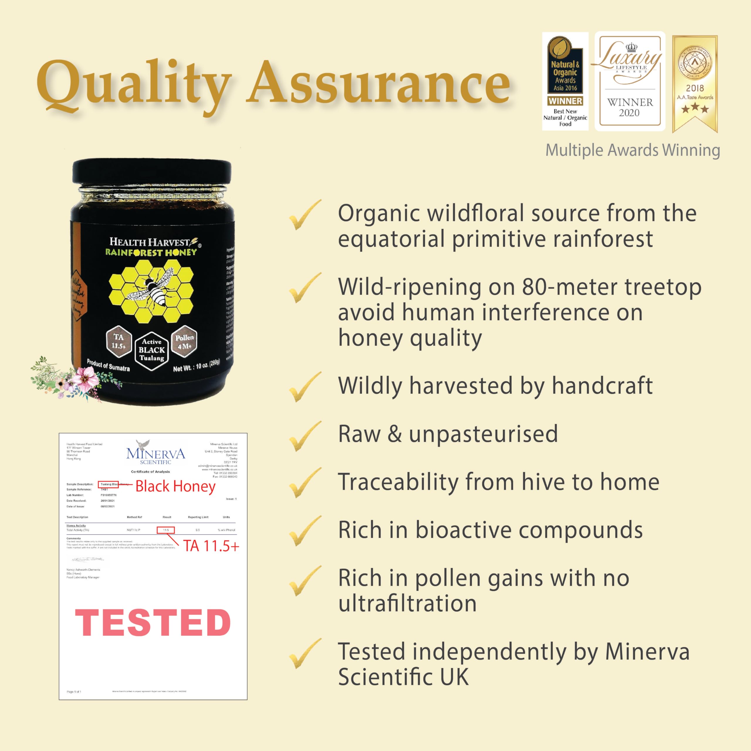 Health Harvest Tualang Honey label with traceability certificates and quality marks.