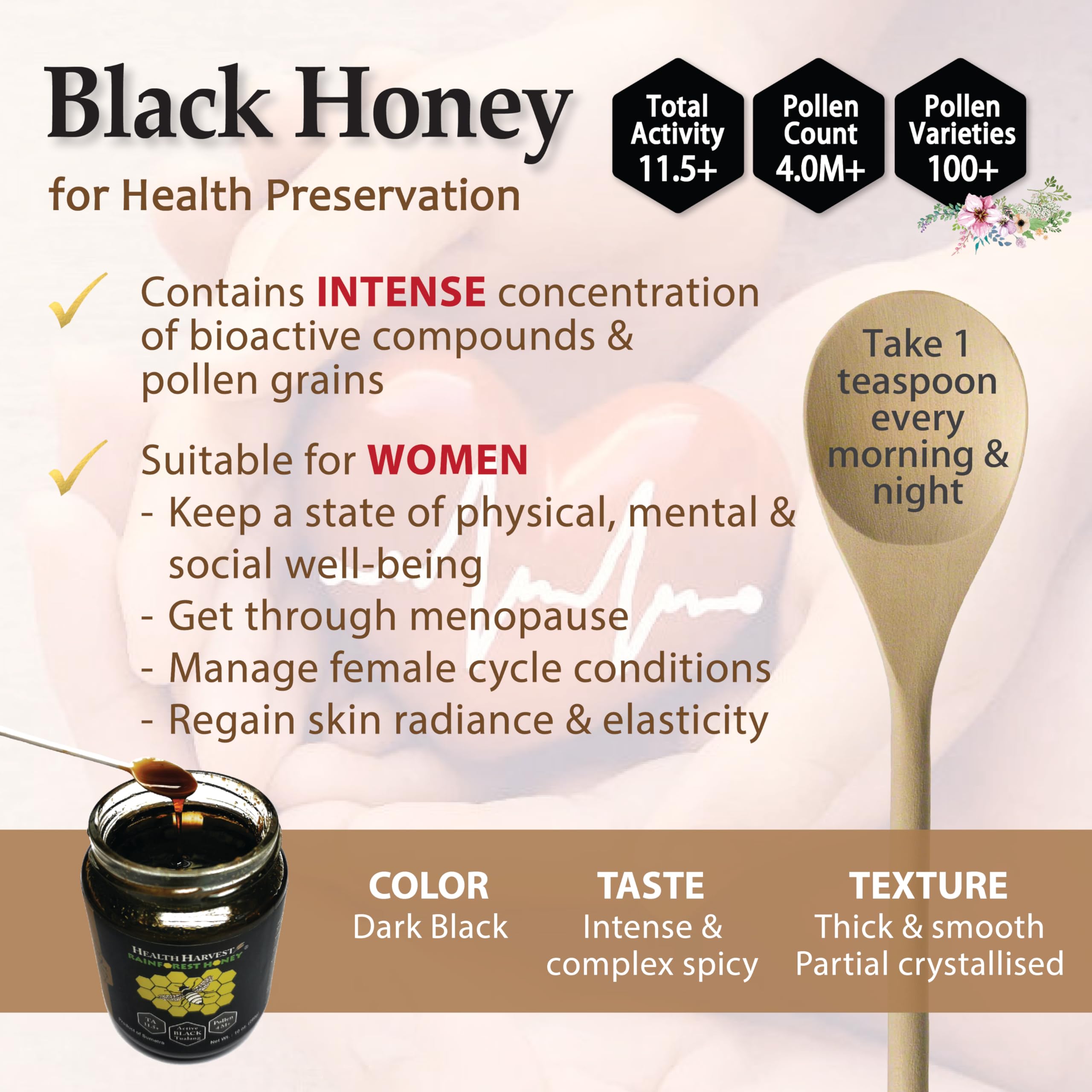 Health Harvest Tualang Honey texture shown up close, with pollen detail visible.