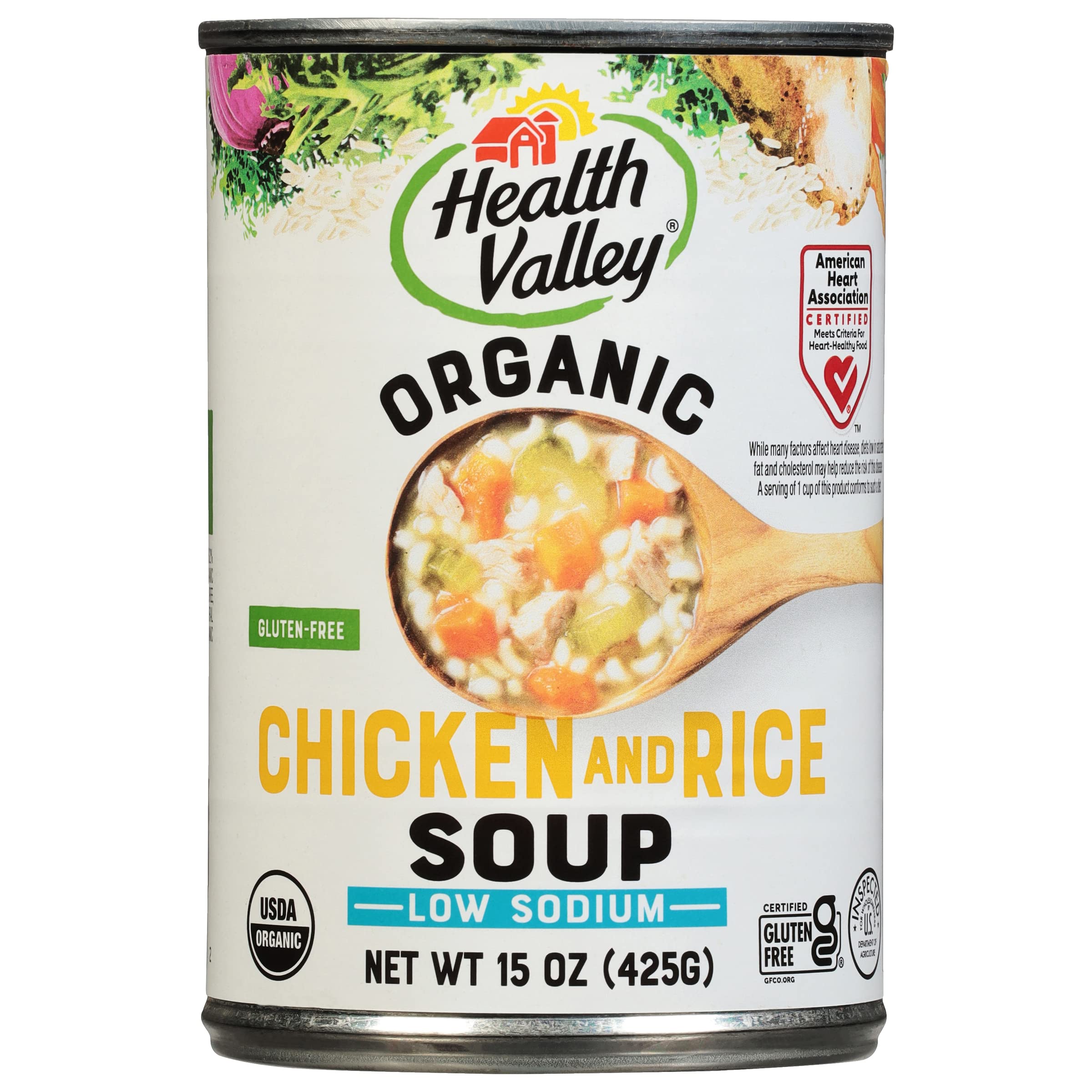 Health Valley no-salt-added chicken rice soup can front showing organic ingredients.