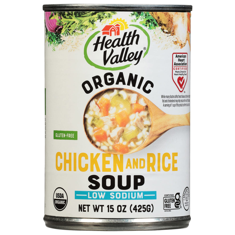 Health Valley no-salt-added chicken rice soup can front showing organic ingredients.