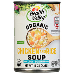 Health Valley no-salt-added chicken rice soup can front showing organic ingredients.