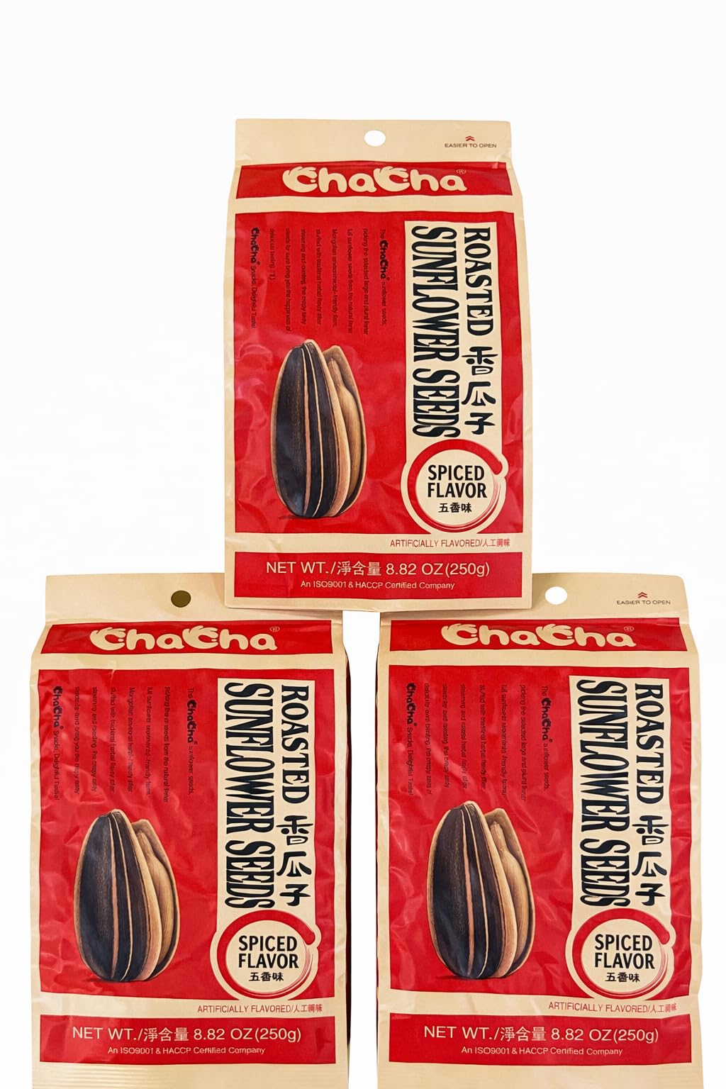 HealthEmpire ChaCha Roasted Sunflower Seeds bag front, spicy flavor and crispy texture note for on-the-go snacking