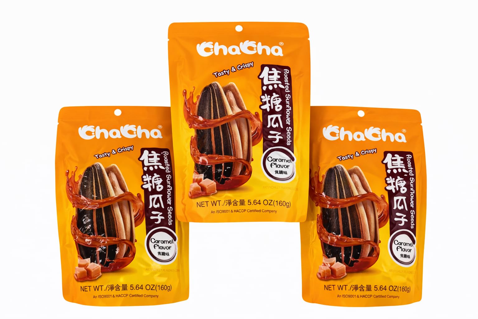 HealthEmpire ChaCha roasted sunflower seeds three-bags caramel pack, ideal for on-the-go snacks.