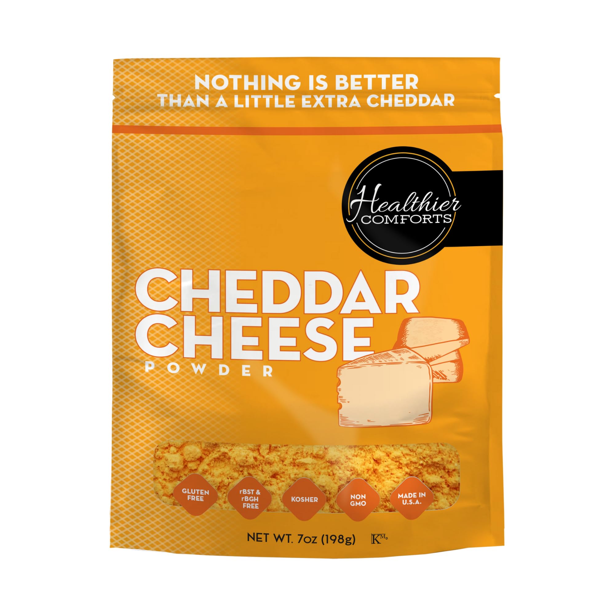 Healthier Comforts cheddar cheese powder 7oz bag shows resealable packaging for freshness.