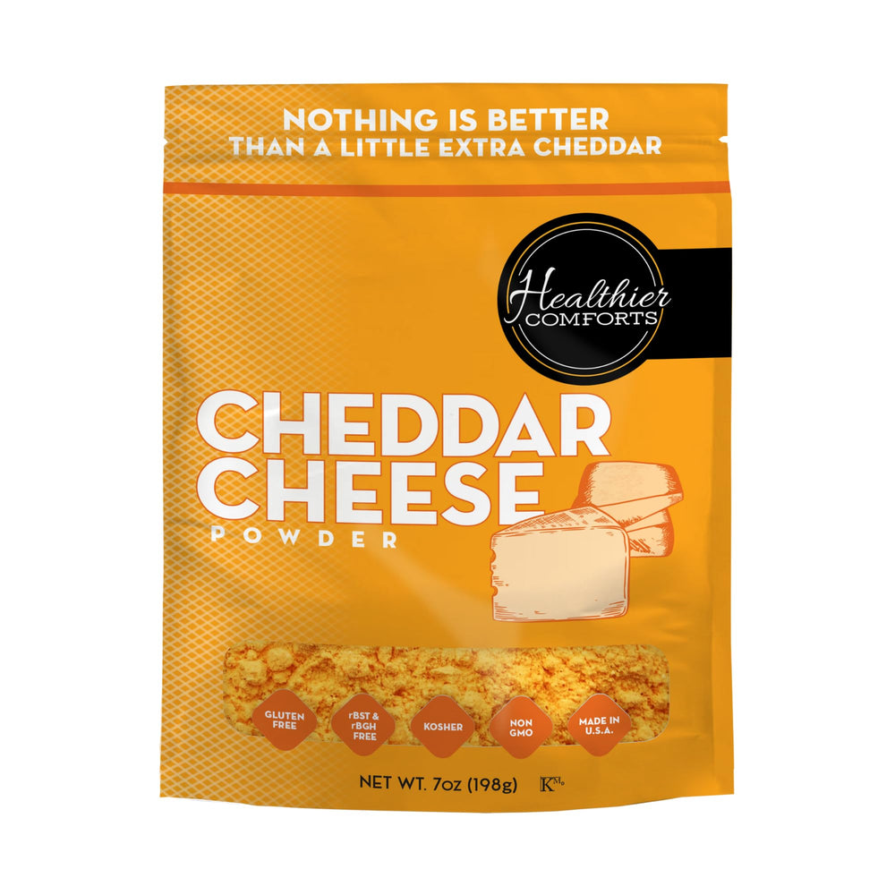 Healthier Comforts cheddar cheese powder 7oz bag shows resealable packaging for freshness.
