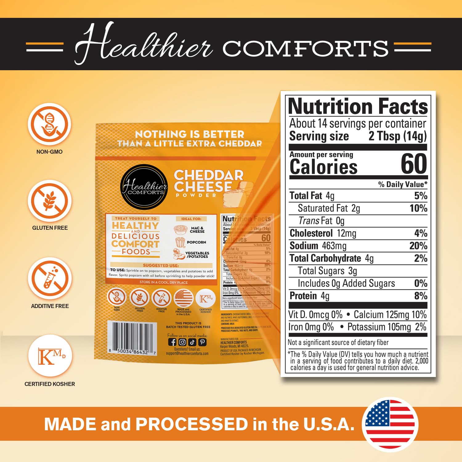 Healthier Comforts cheddar cheese powder 7oz in casseroles creating a smooth cheesy sauce.