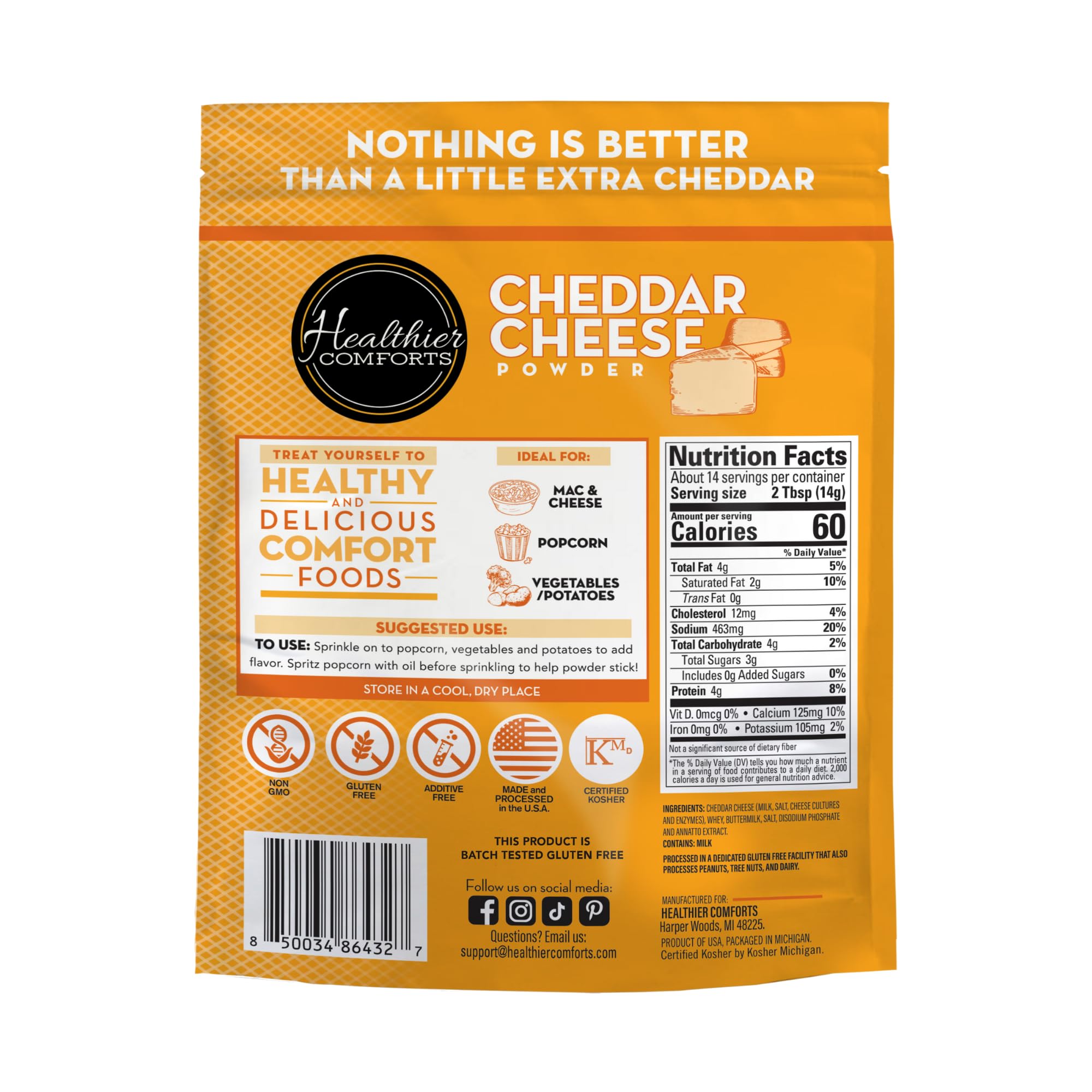 Healthier Comforts cheddar cheese powder label closeup with gluten-free and kosher certifications.