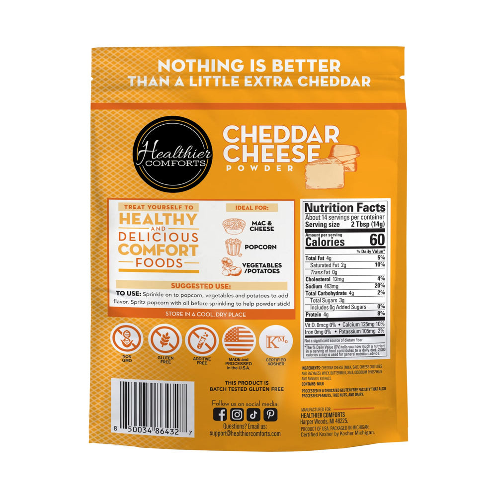 Healthier Comforts cheddar cheese powder label closeup with gluten-free and kosher certifications.