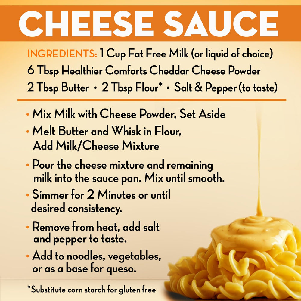 Healthier Comforts cheddar cheese powder 7oz atop nachos for bold gluten-free flavor.