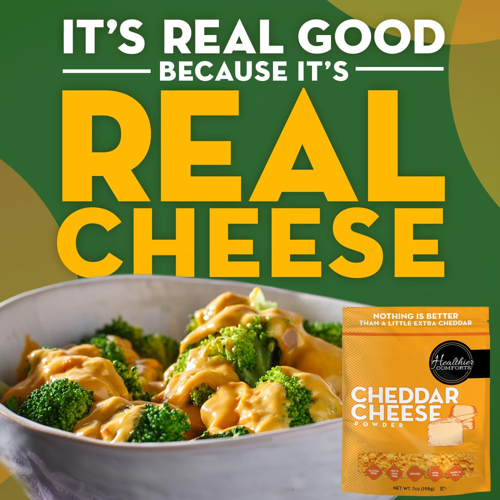 Healthier Comforts cheddar cheese powder 7oz sprinkled on pasta for a rich finish.