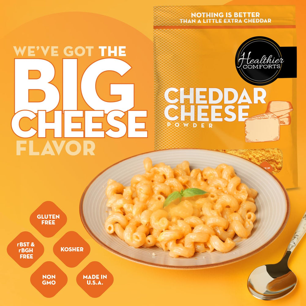 Healthier Comforts cheddar cheese powder 7oz stirred into a creamy cheese sauce.
