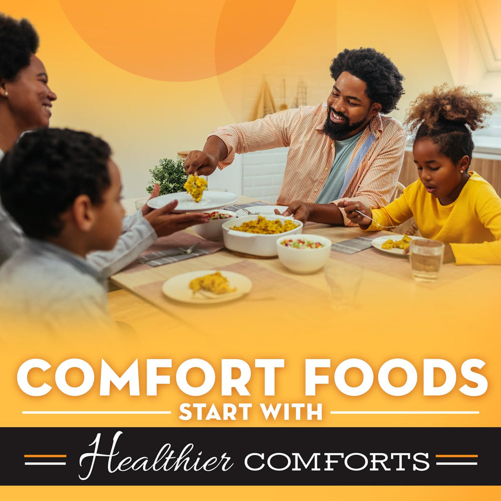 Healthier Comforts cheddar cheese powder 7oz stored in a sealed container for shelf life.