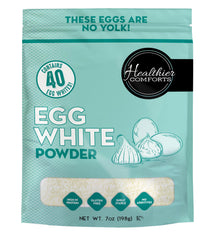 Healthier Comforts egg white powder pour for quick, protein-rich recipes