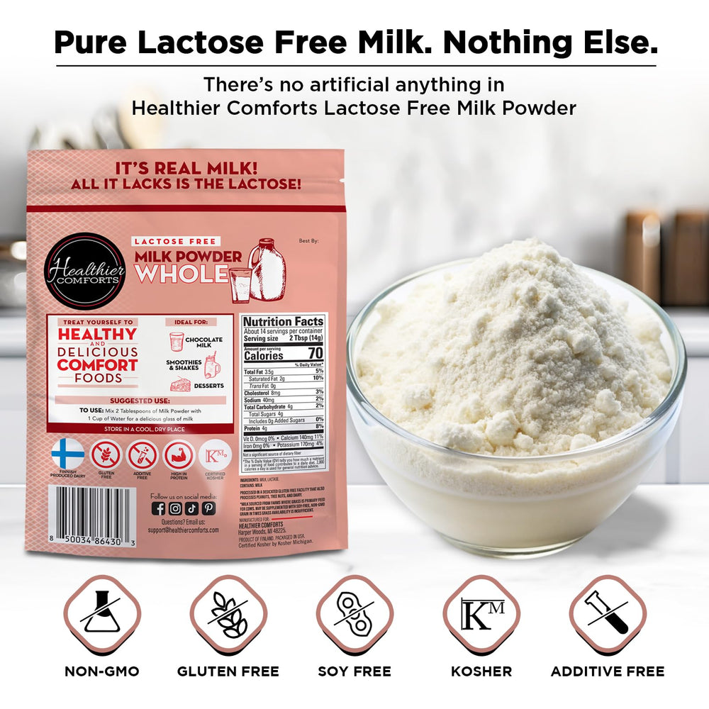 Healthier Comforts lactose free milk powder for baking and desserts.