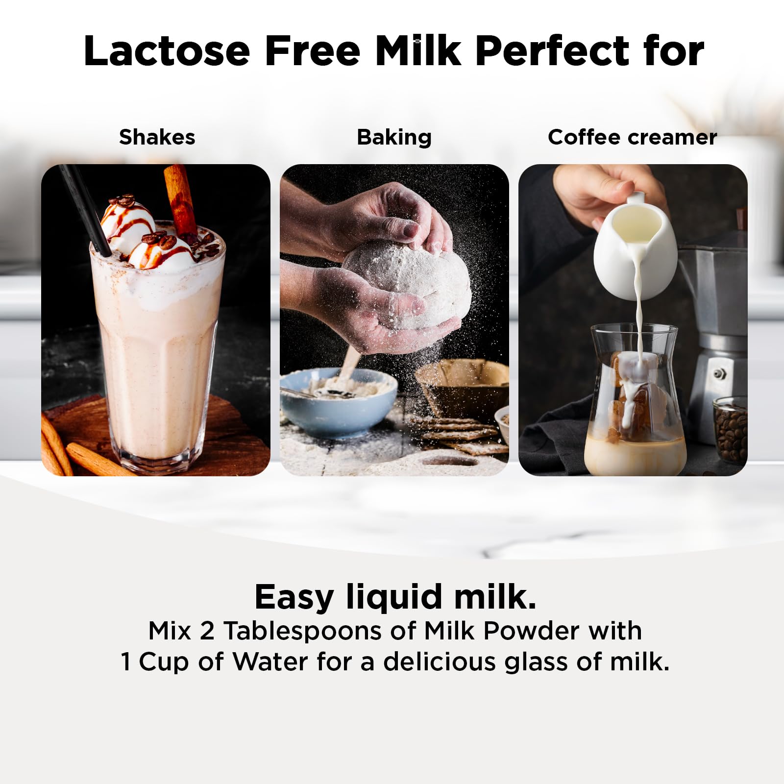 Healthier Comforts lactose free milk powder stored on pantry shelf.