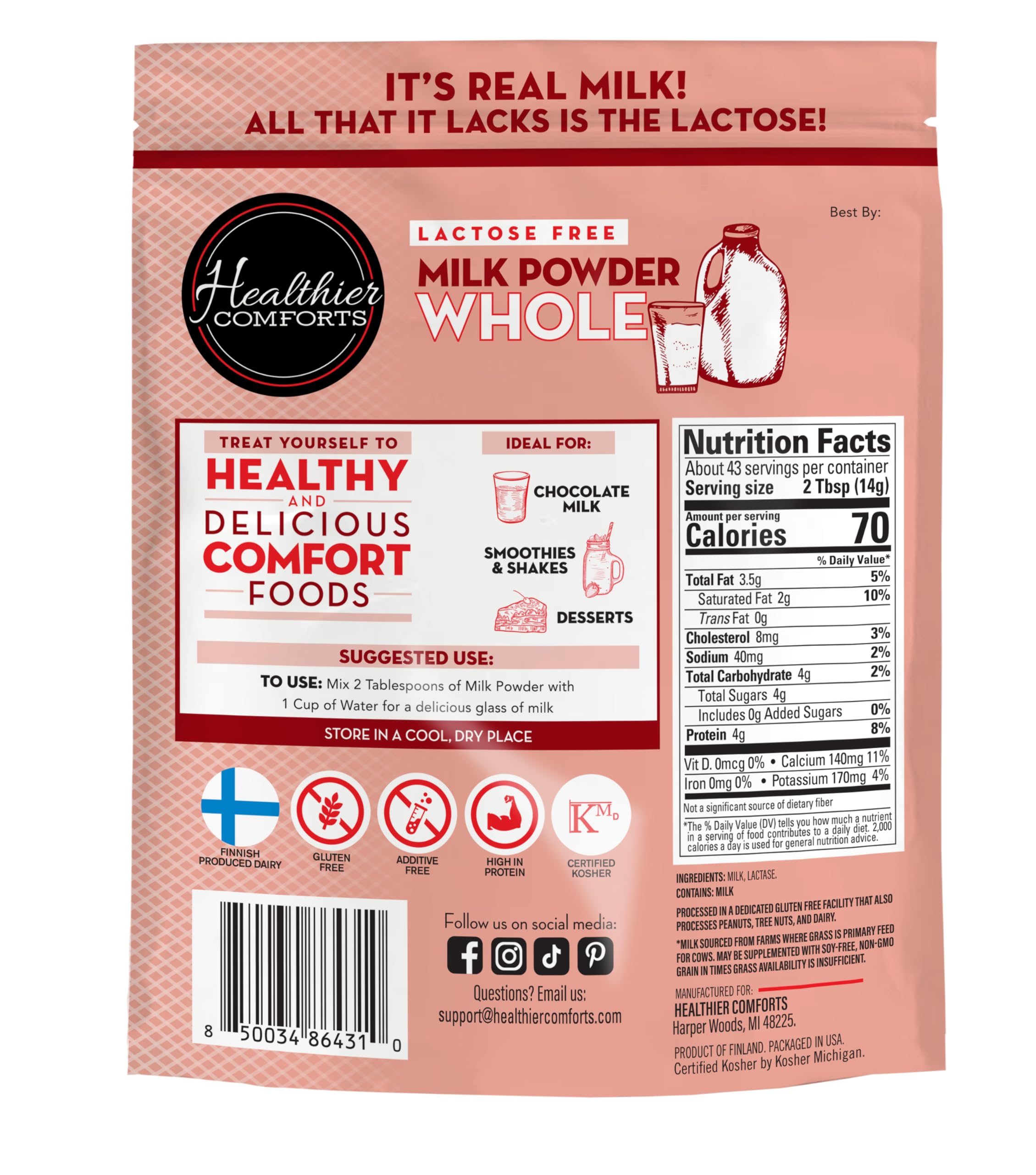 Healthier Comforts lactose free milk powder pouring into a cup.