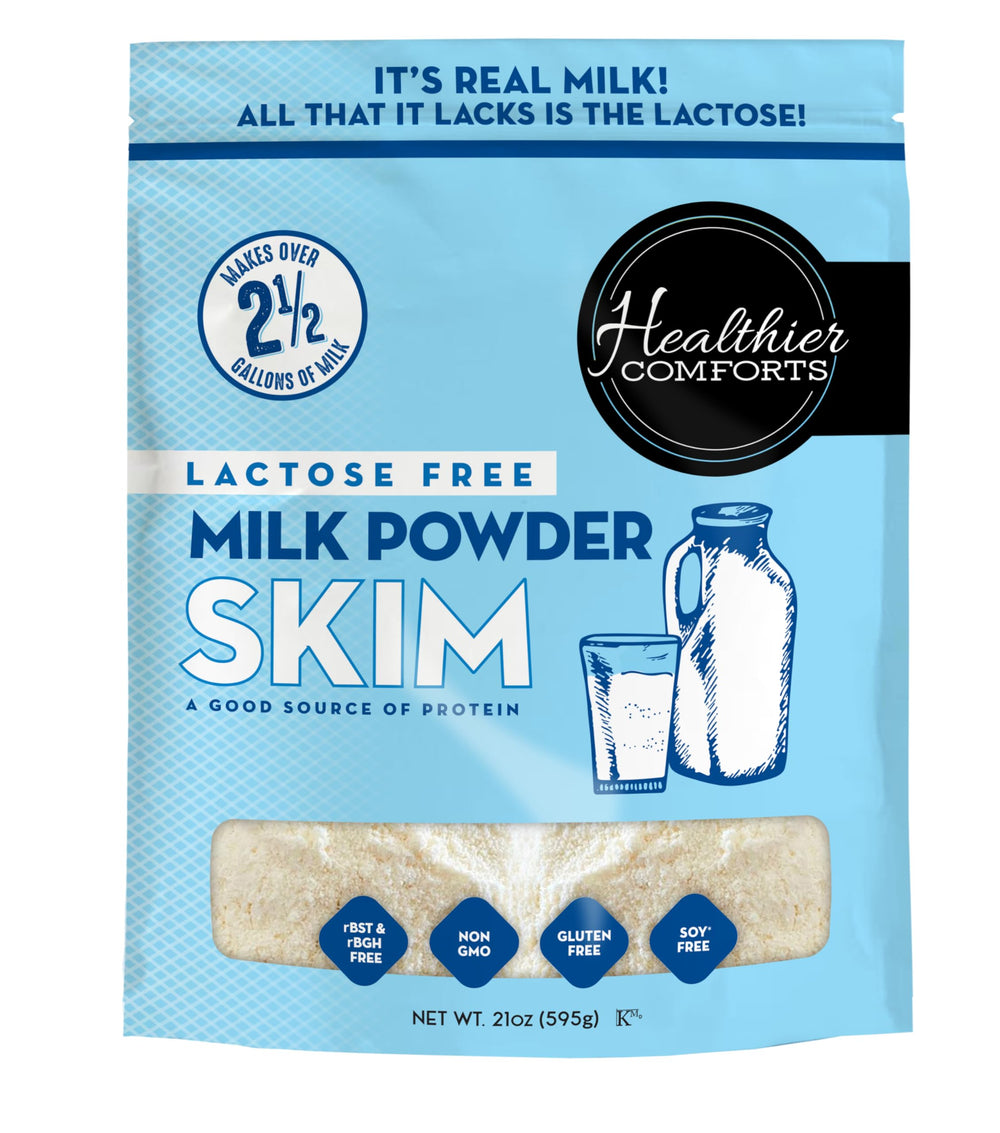Healthier Comforts lactose-free skim milk powder in a resealable bag for pantry storage.