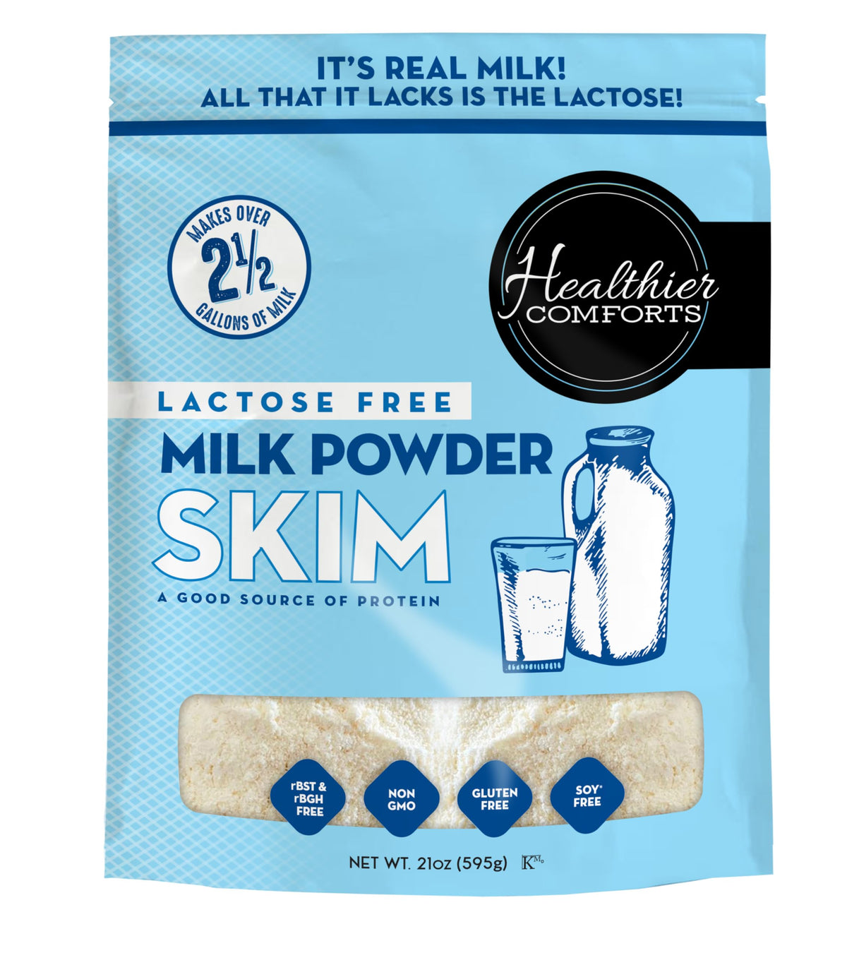 Healthier Comforts lactose-free skim milk powder in a resealable bag for pantry storage.