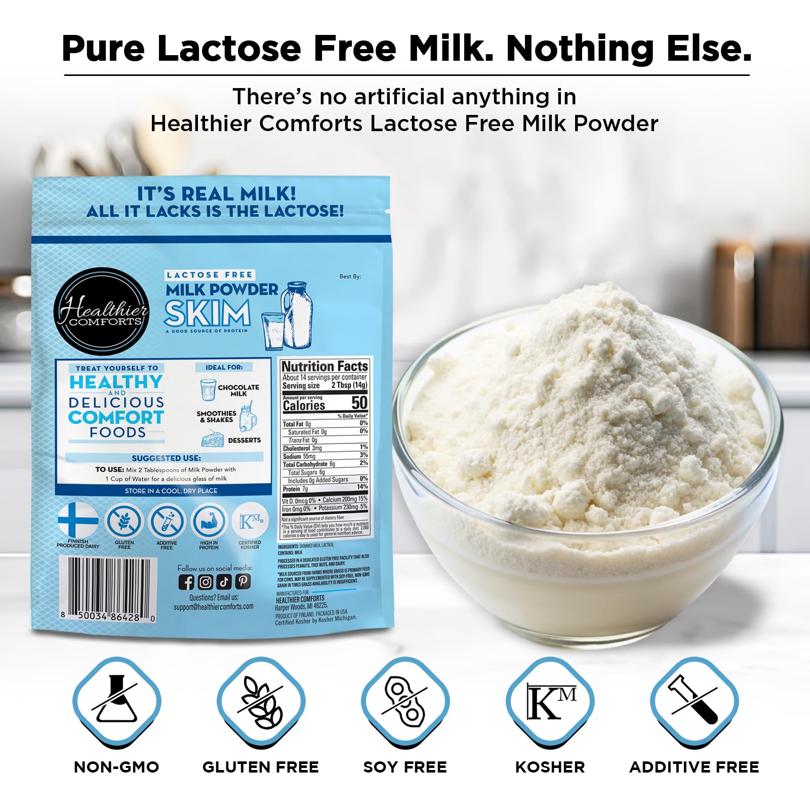 Healthier Comforts lactose-free skim milk powder coffee creamer mix boosts cup texture.