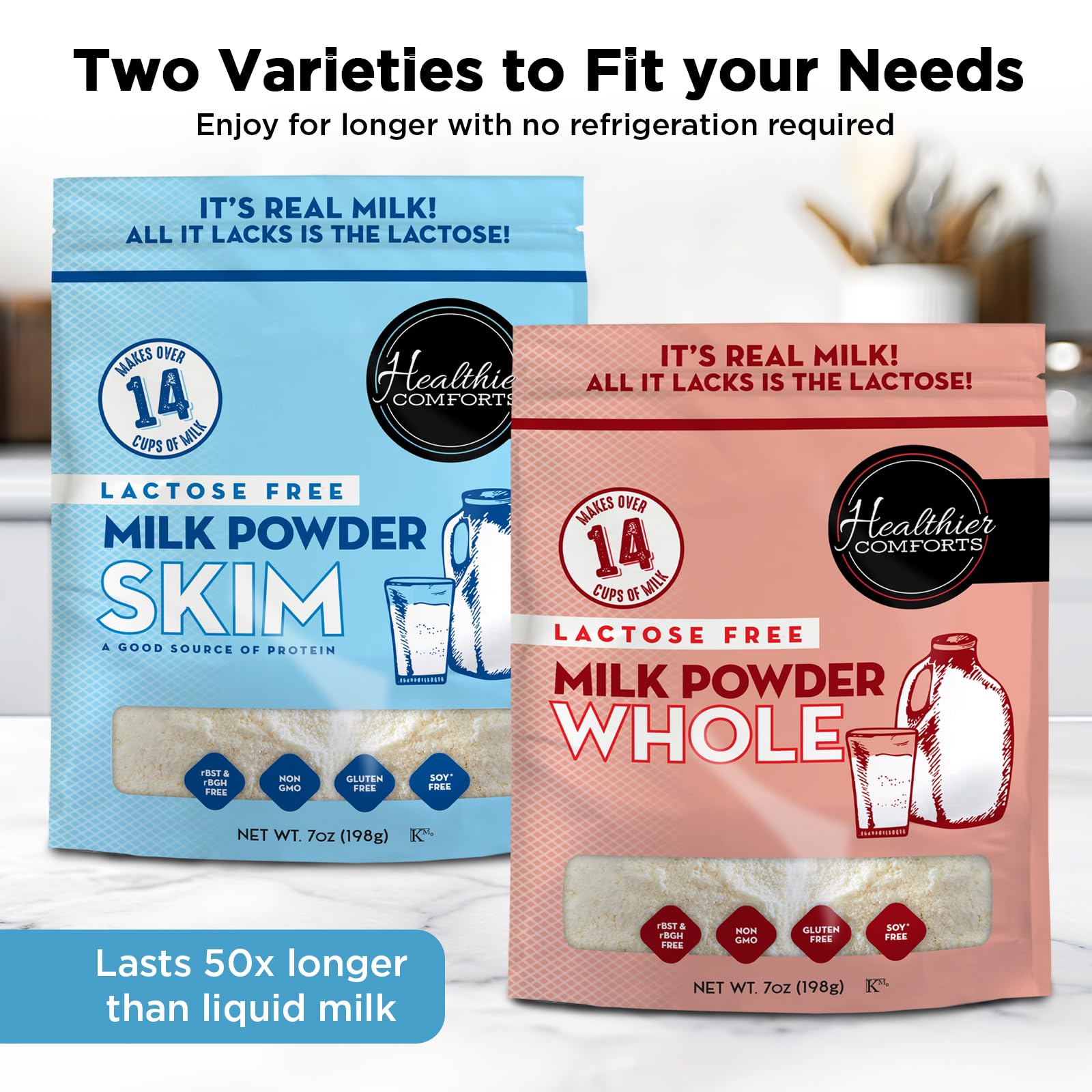 Healthier Comforts lactose-free skim milk powder label shows non-GMO and hormone-free quality.