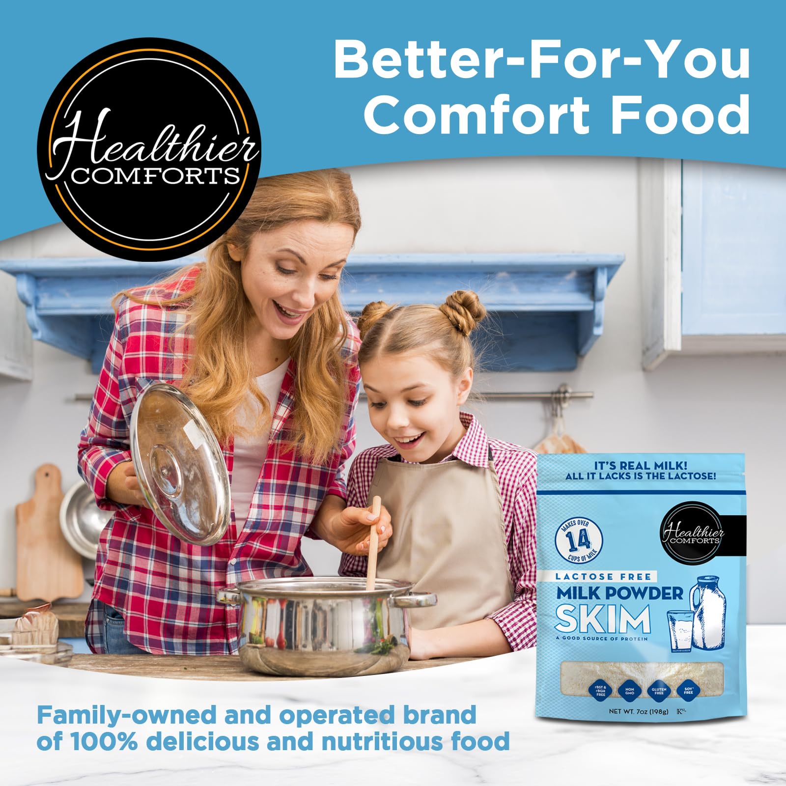 Healthier Comforts lactose-free skim milk powder pantry-ready packaging for long shelf life.