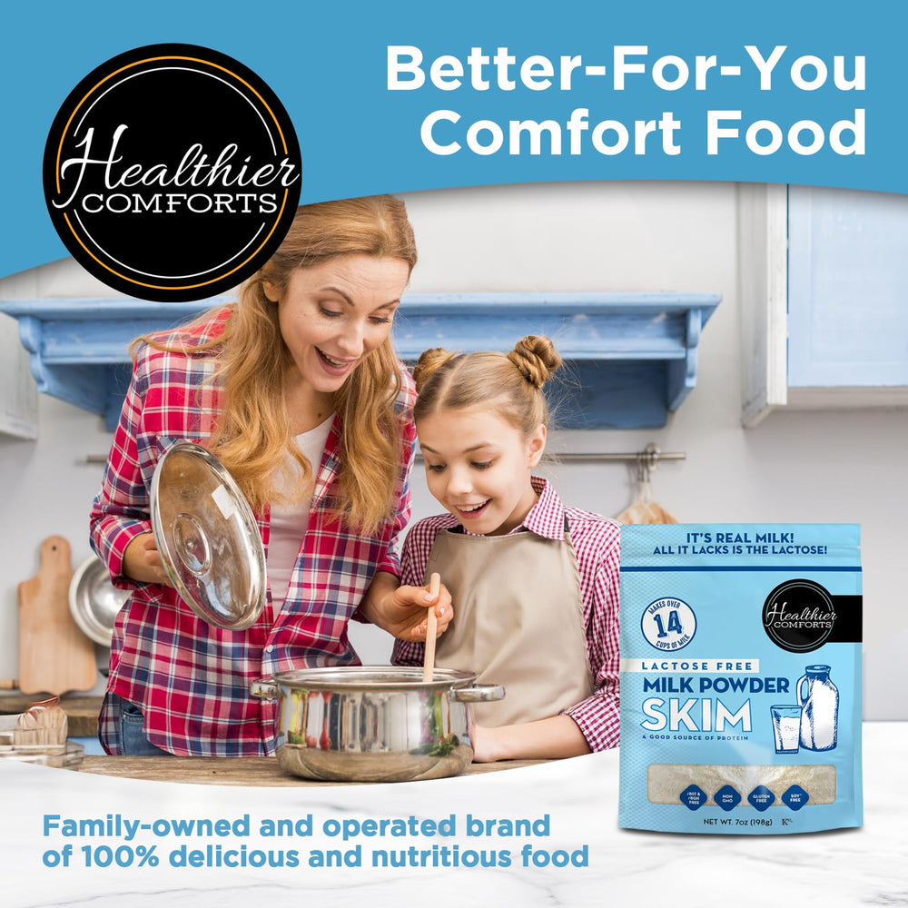 Healthier Comforts lactose-free skim milk powder pantry-ready packaging for long shelf life.