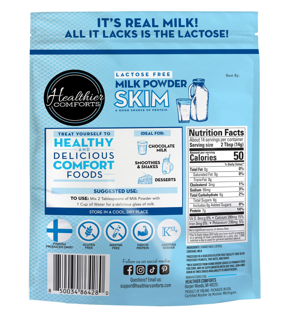 Healthier Comforts lactose-free skim milk powder pour for easy measuring.