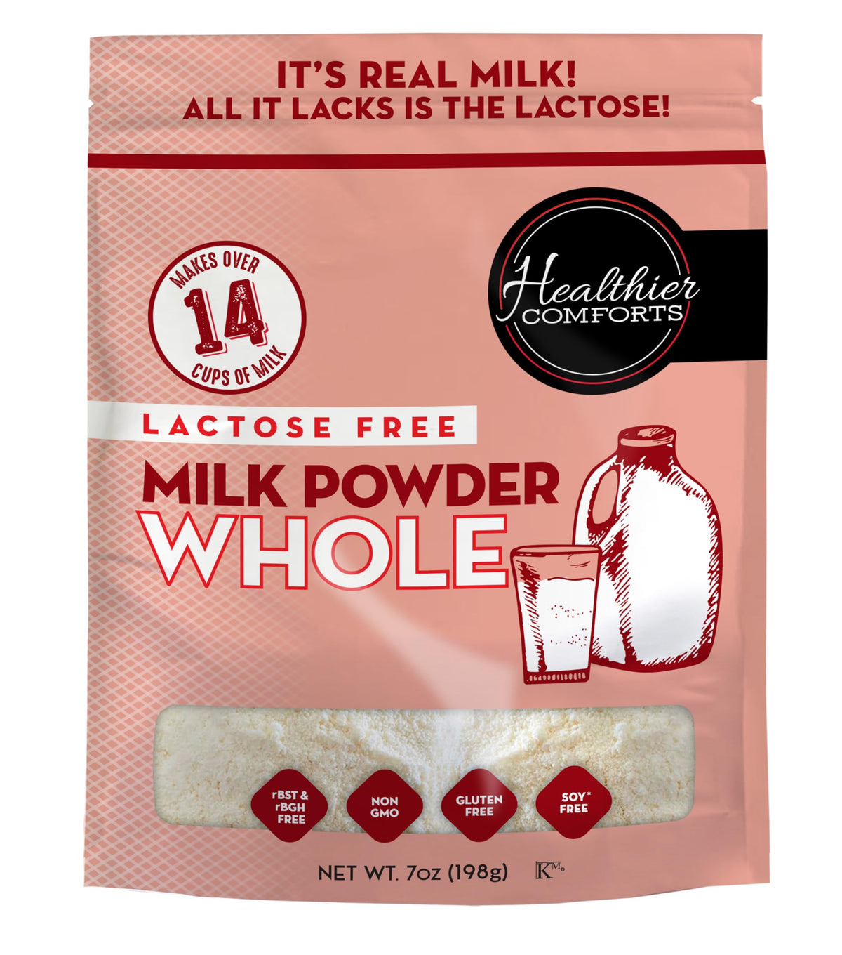 Healthier Comforts lactose free milk powder bag for pantry stocking and versatile cooking
