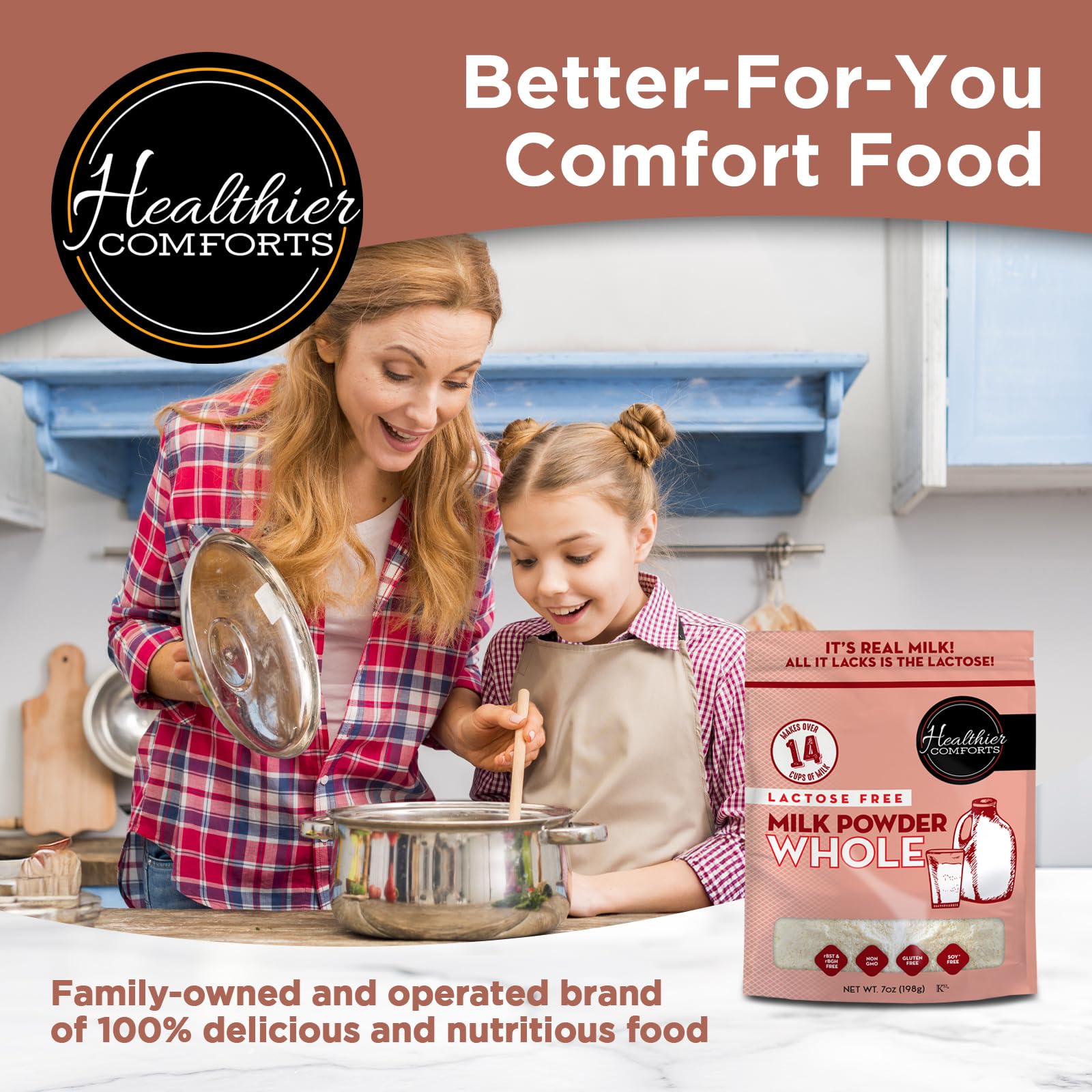 Healthier Comforts lactose free milk powder resealable bag preserves freshness