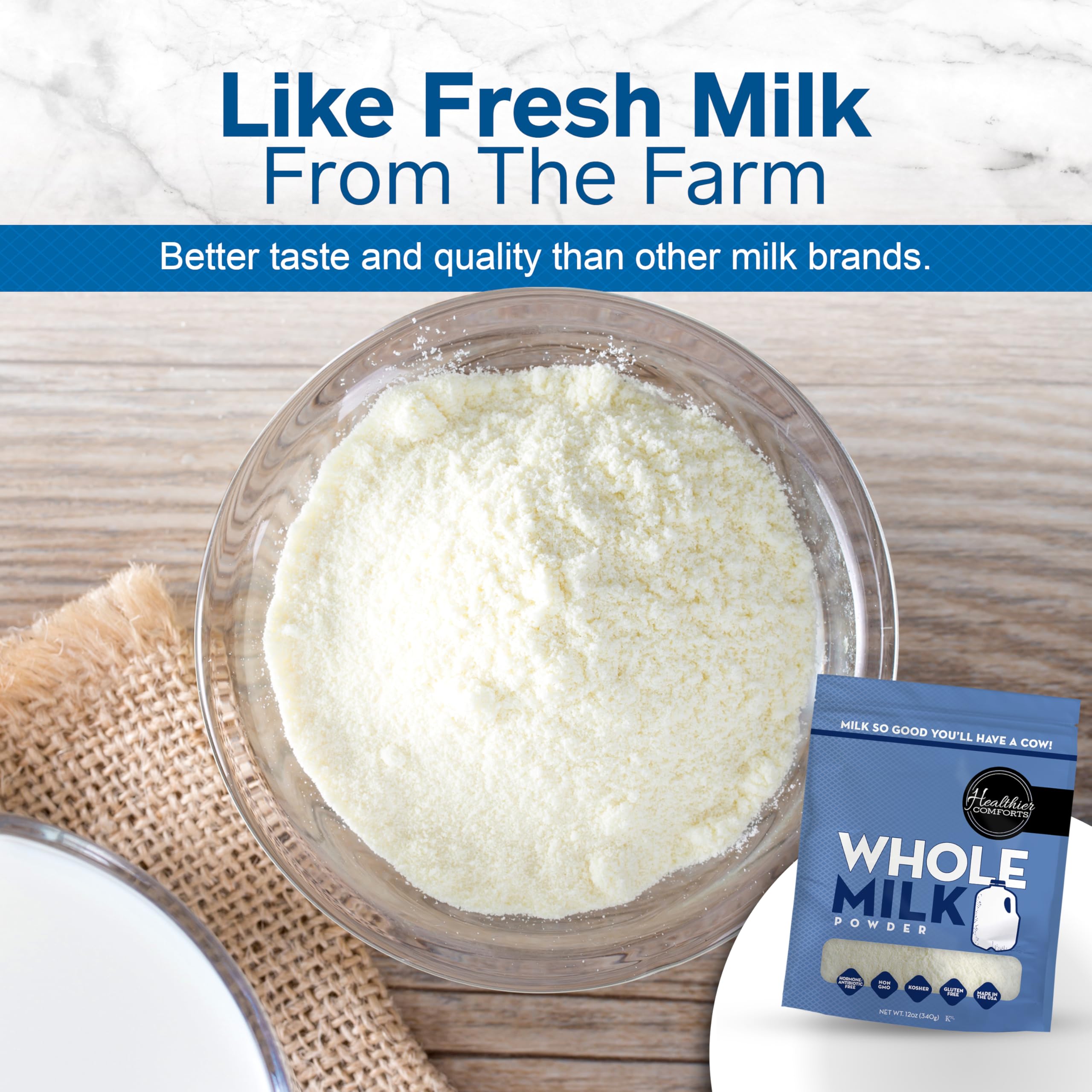 Healthier Comforts milk powder blends into coffee for creamy texture.