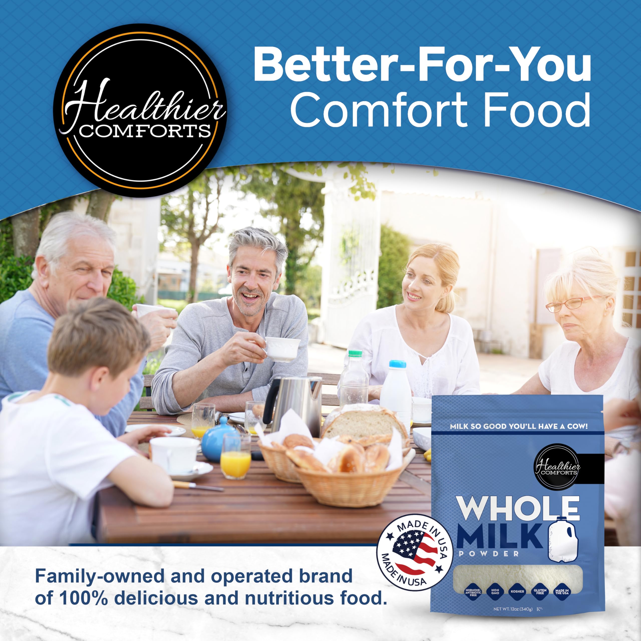 Healthier Comforts milk powder kept on pantry shelf for everyday use.