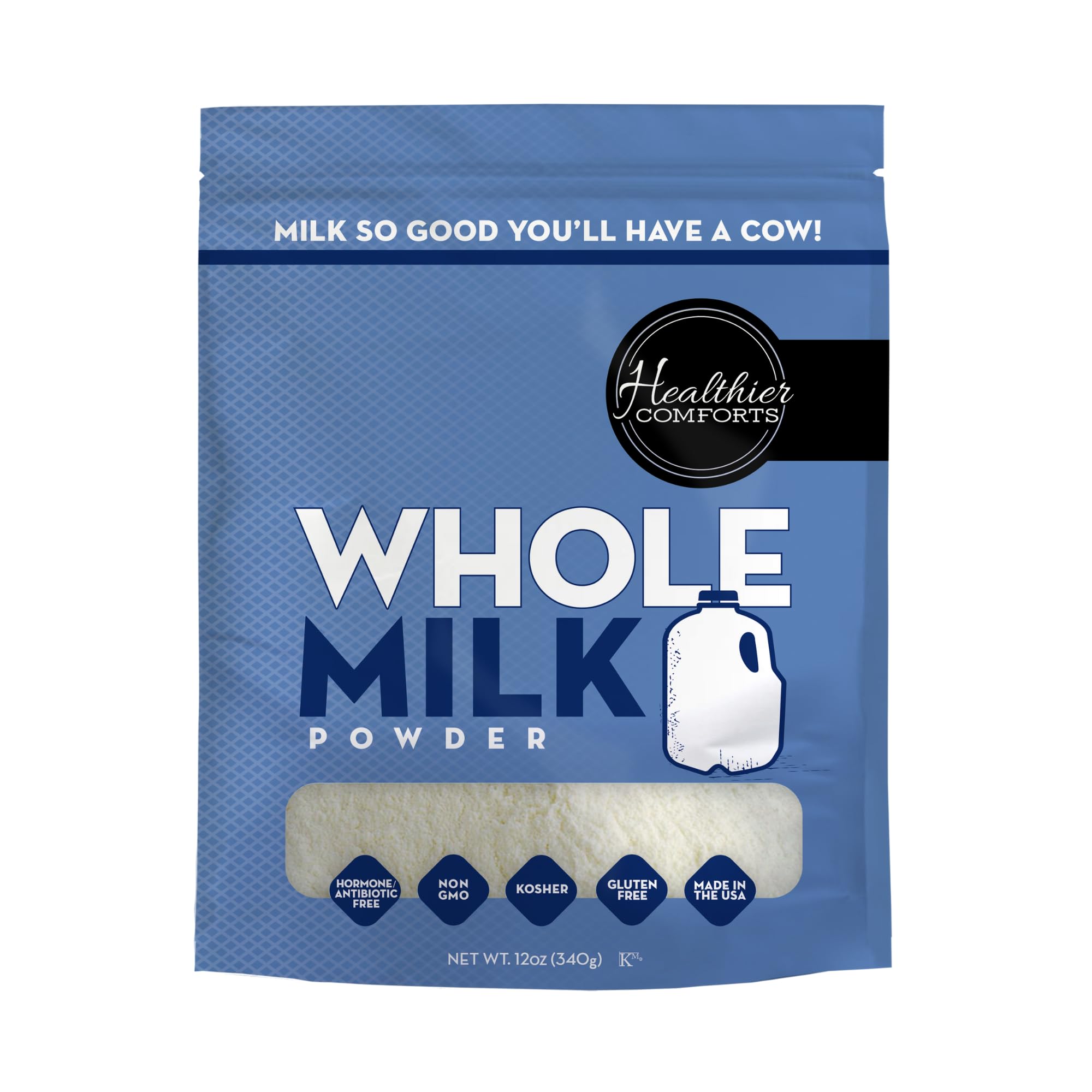 Healthier Comforts whole milk powder in resealable bag preserves freshness for pantry storage.
