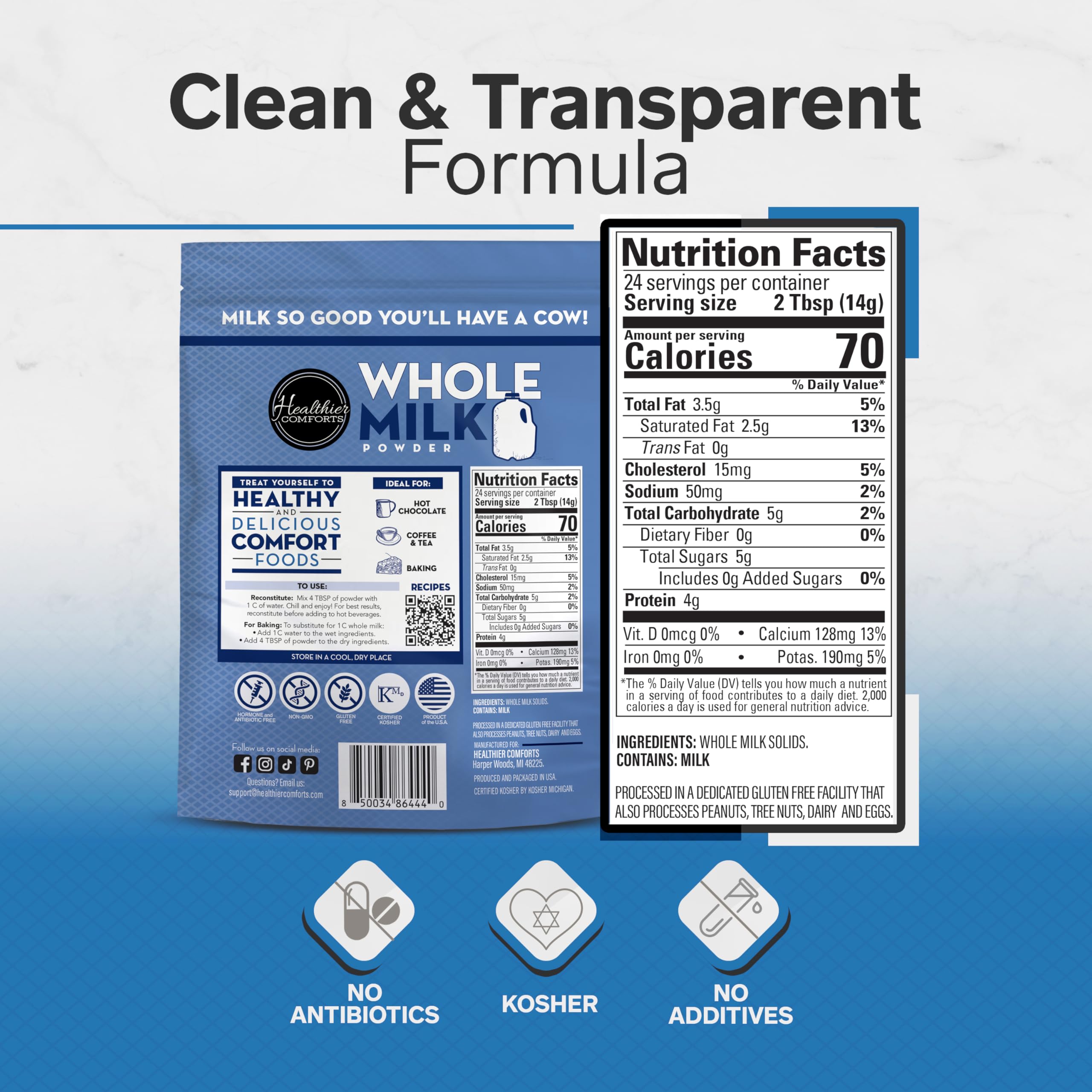 Healthier Comforts milk powder scoop demonstrates easy measurement for precise portions.