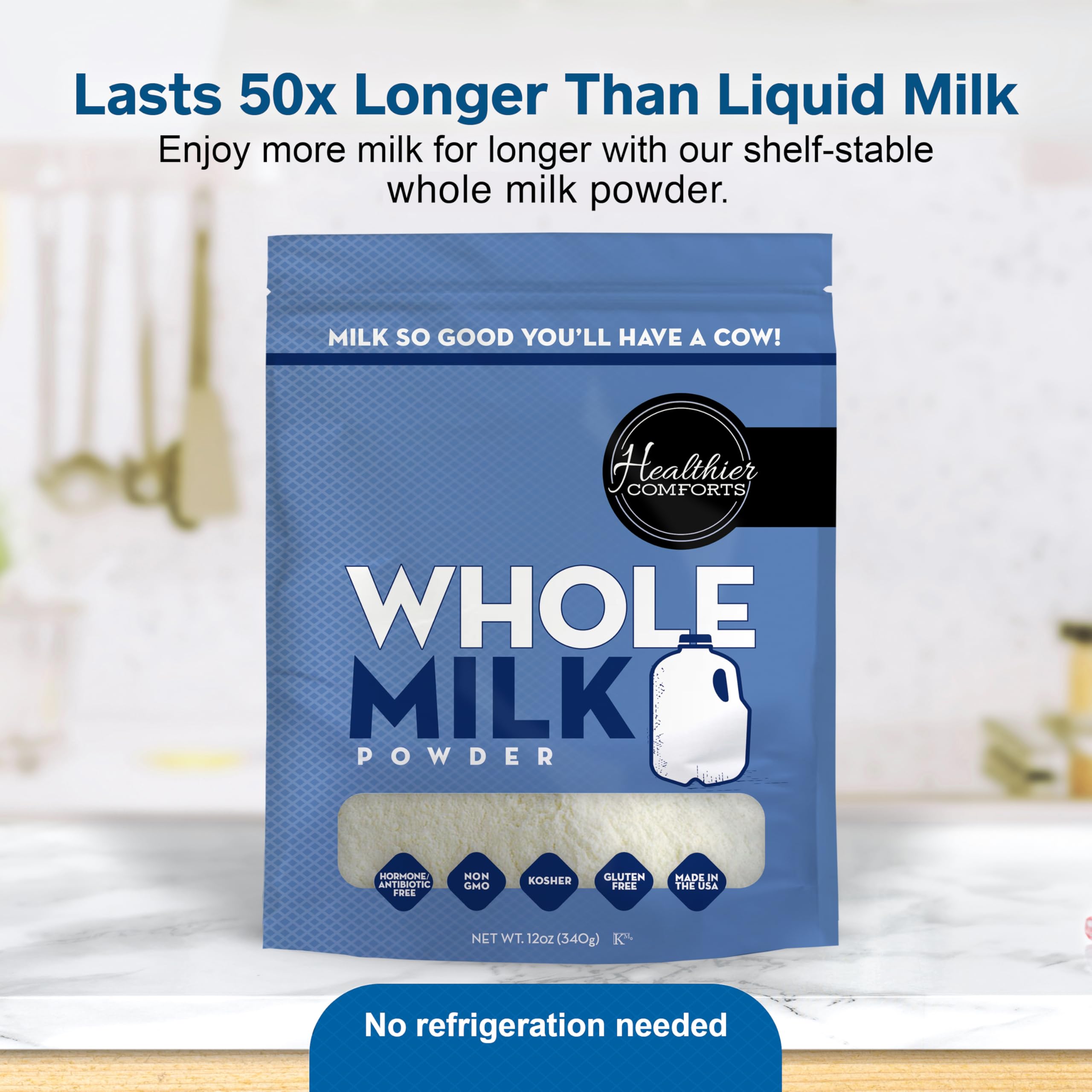 Healthier Comforts milk powder added to a smoothie for calcium boost.