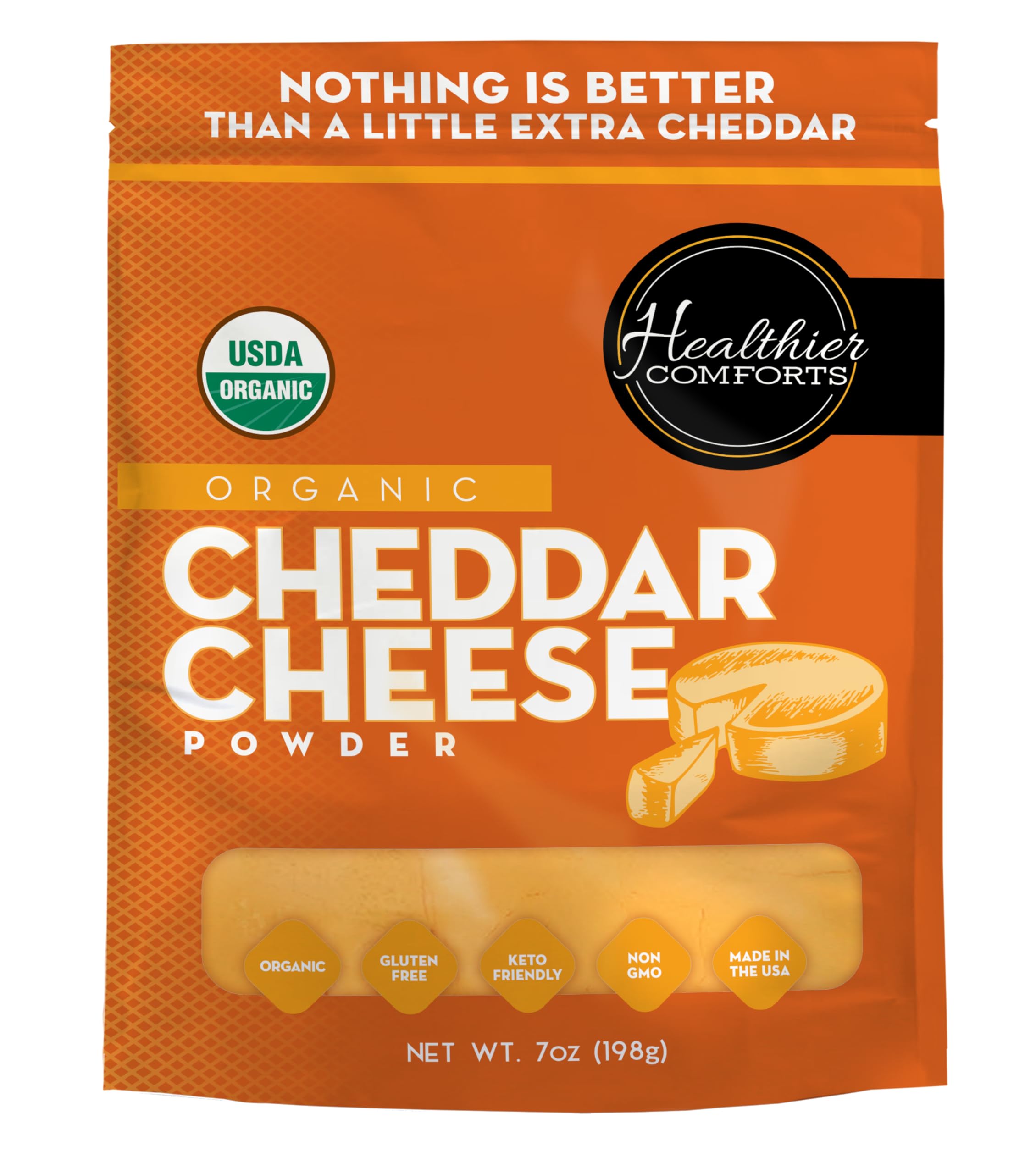 Healthier Comforts Organic Cheddar Cheese Powder bag shows premium organic ingredients for versatile seasoning.