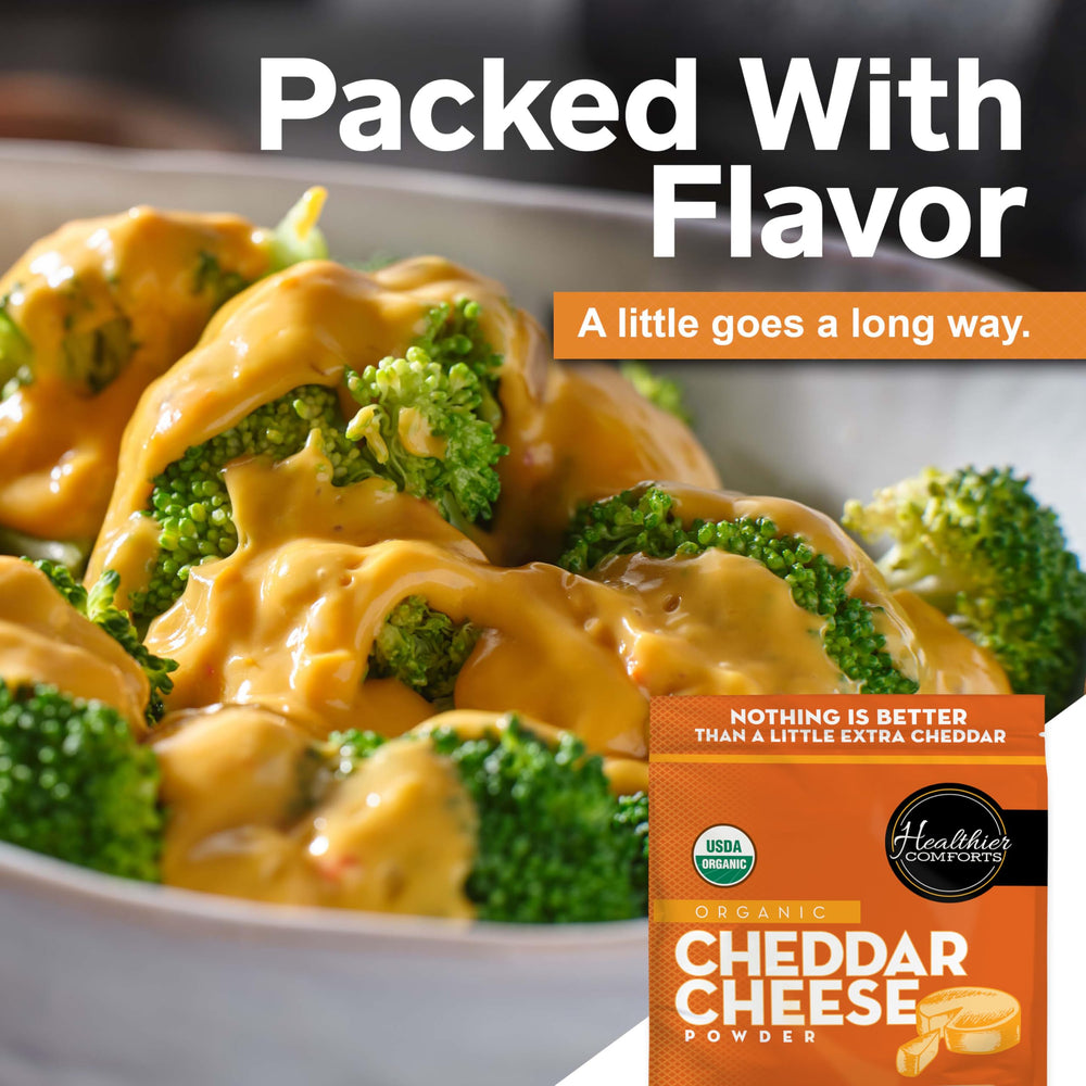 Healthier Comforts cheddar cheese powder shown with emergency storage kits.
