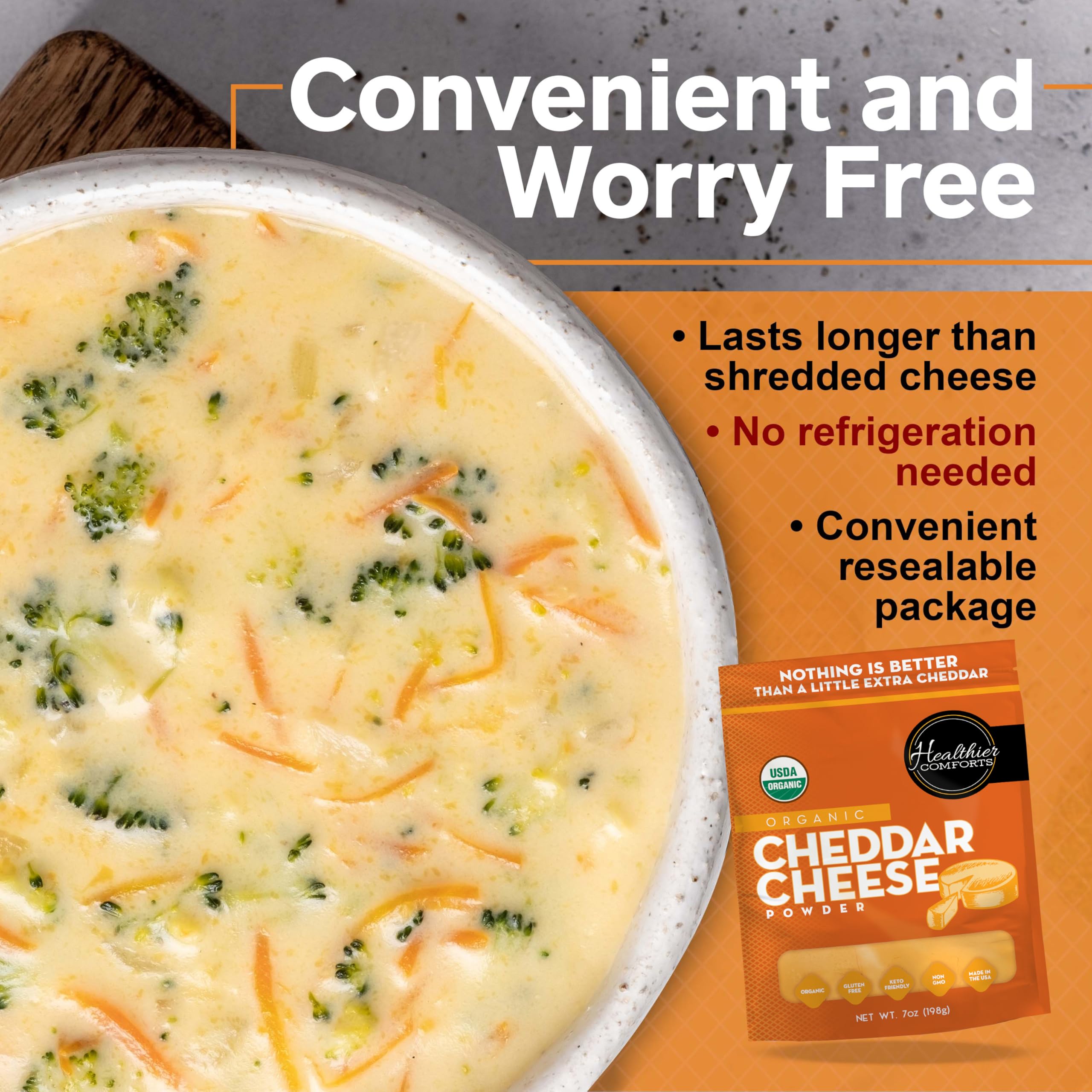 Healthier Comforts organic cheese powder in a kitchen setting.