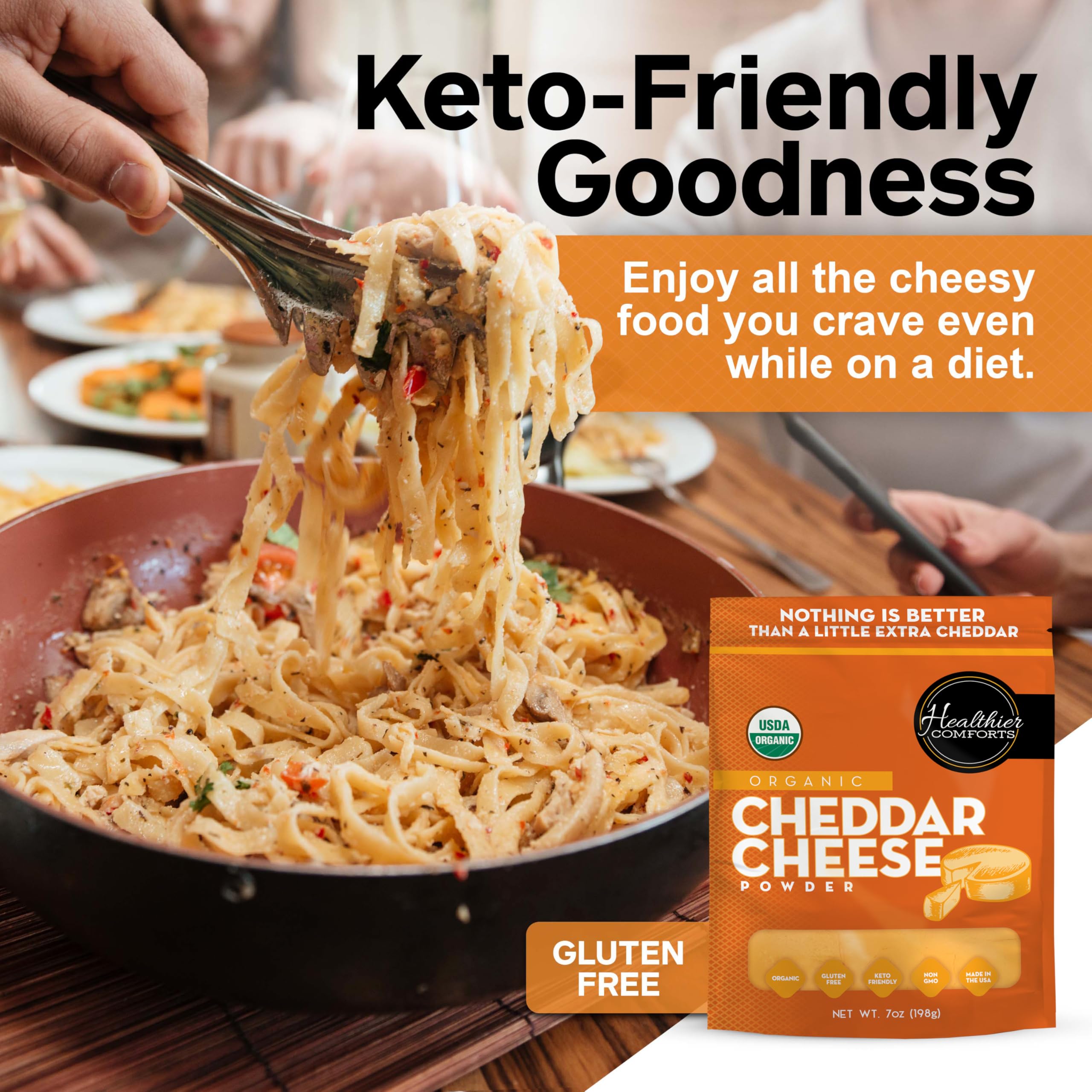 Healthier Comforts cheddar powder beside pasta sauce hints quick gourmet meals.