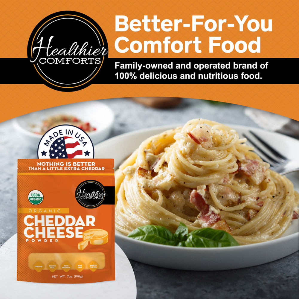Healthier Comforts cheddar powder topping for mac and cheese.