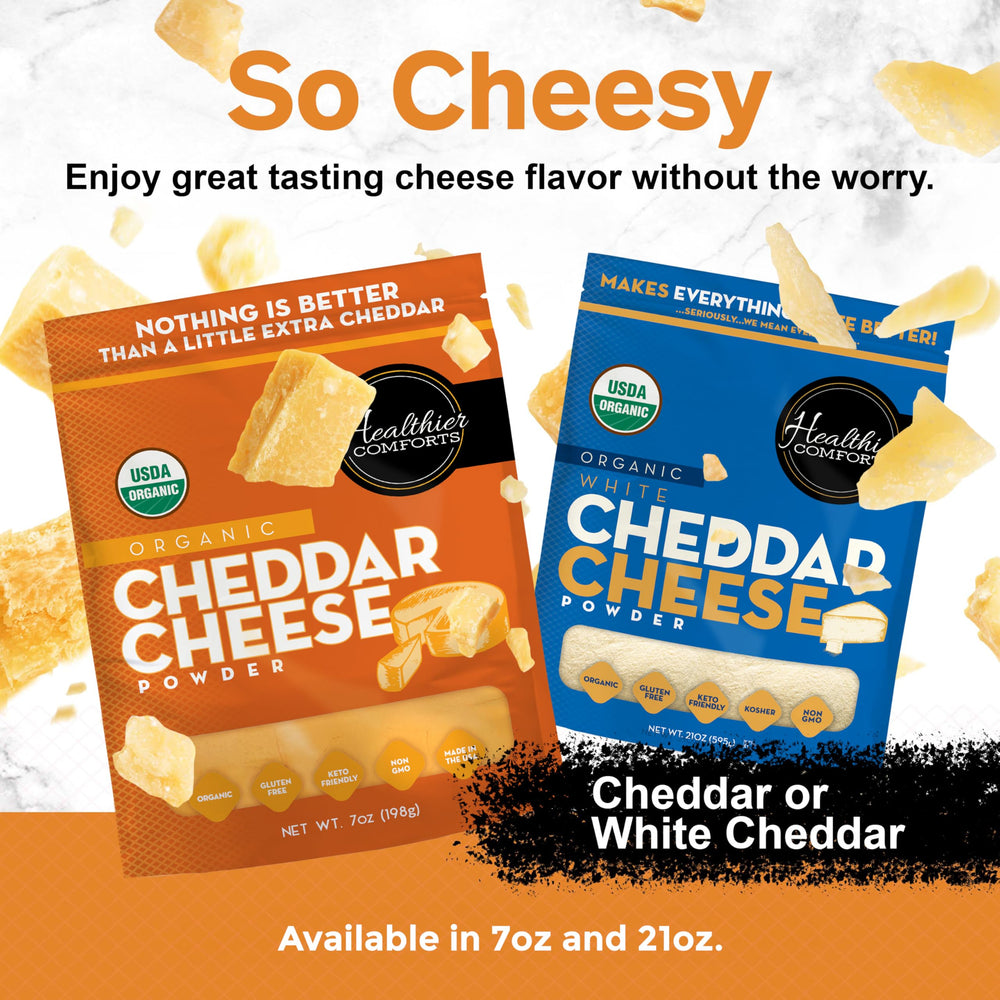 Healthier Comforts cheddar powder scoop demonstrates precise, easy seasoning measurement.
