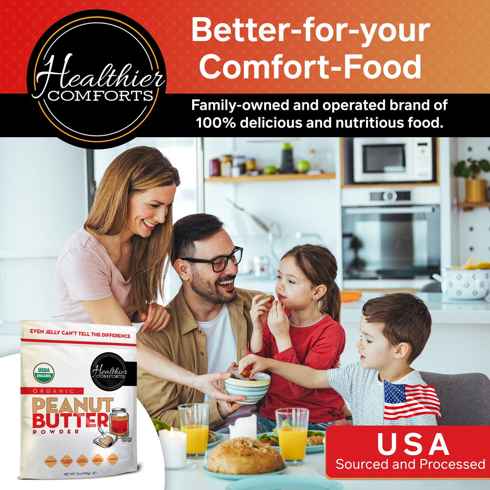 Healthier Comforts Organic Peanut Butter Powder highlights keto-friendly, low-sugar use