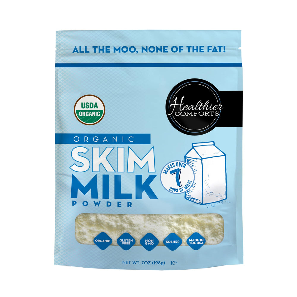 Healthier Comforts organic skim milk powder bottle pour showing shelf-stable dairy for smoothies and coffee