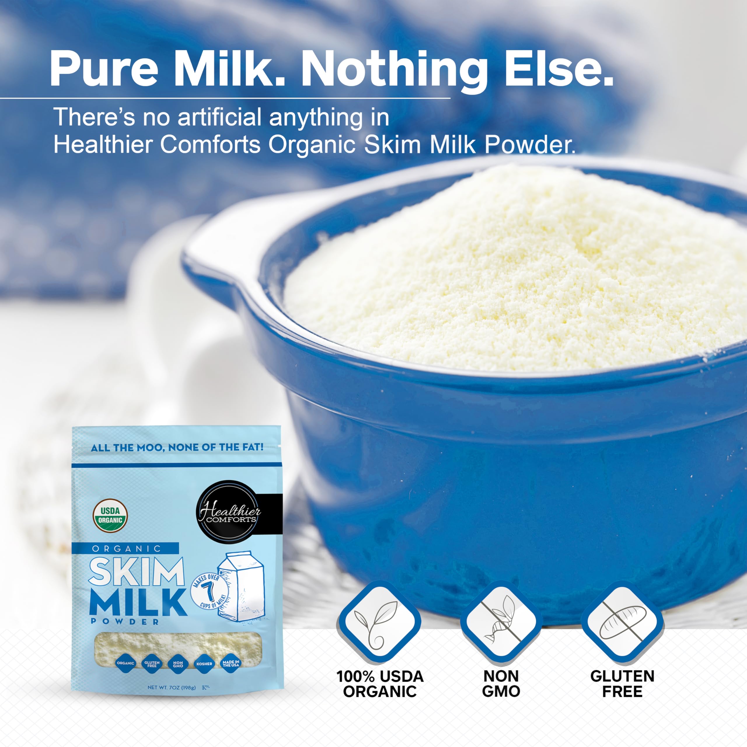 Healthier Comforts organic skim milk powder packaging emphasizing USDA Organic ingredients