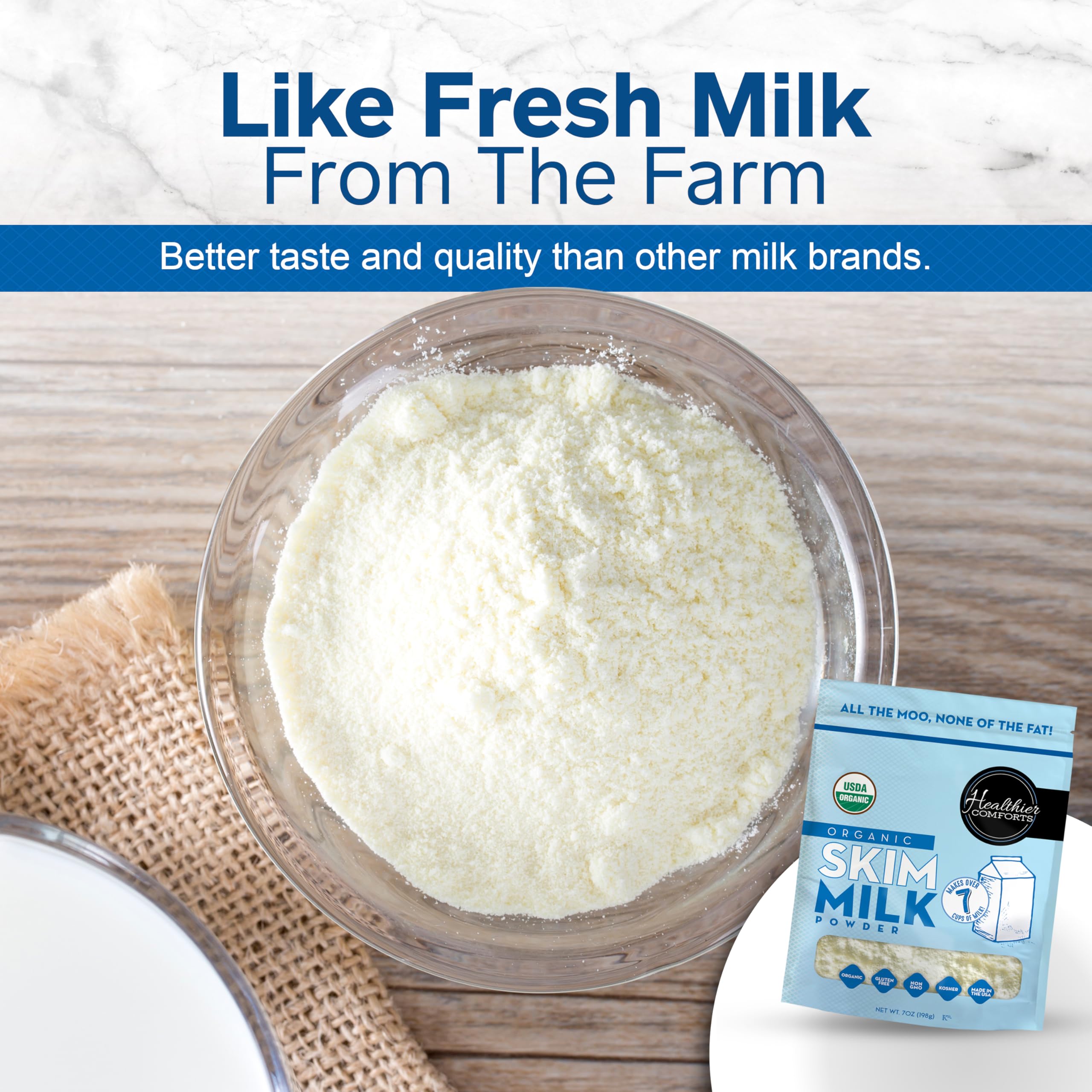 Pantry storage shot of Healthier Comforts skim milk powder for easy use