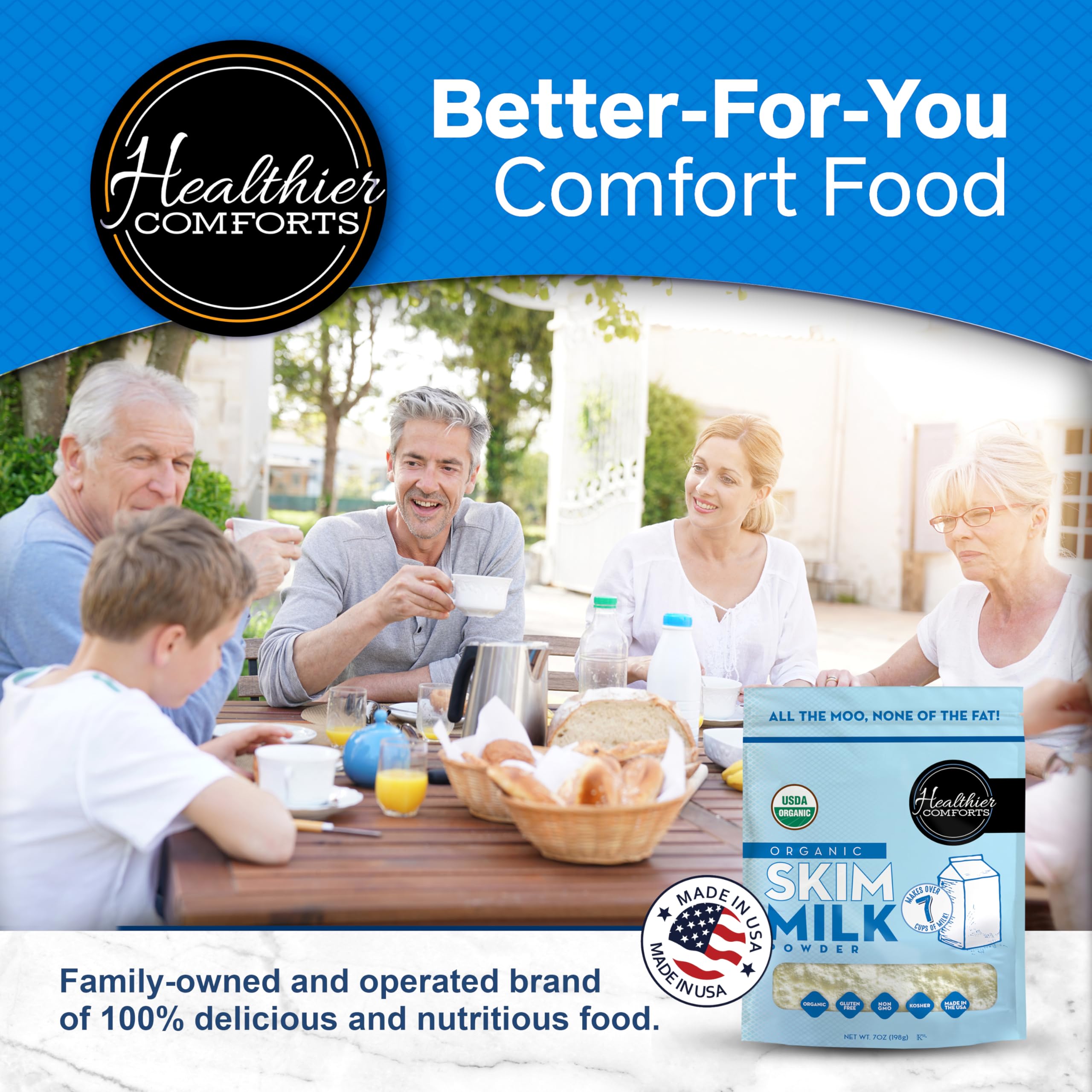 Reconstituted Healthier Comforts organic skim milk powder in a glass for a creamy beverage